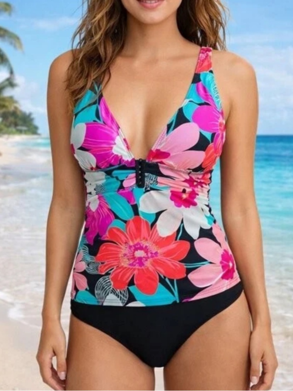 La Blanca Tropical Floral Multicolor Tankini Top Size 12 EUC